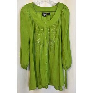 Green Tunic Blouse Womens 2X Boho Hippie Y2K Embroidered Peasant